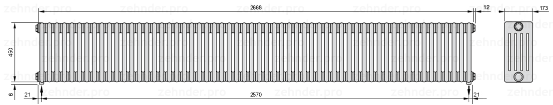 Схема (чертеж) Радиатор Zehnder Charleston 5045/58 №5310 Белый глянцевый RAL 9016